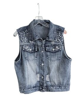 Acid Wash Distressed Denim Vest w/ Pearl Embellishments, Size L